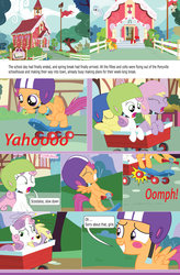 Size: 1024x1557 | Tagged: safe, artist:darkofstp, apple bloom, dinky hooves, scootaloo, sweetie belle, comic:my wings will keep you safe, g4, blushing, cute, cutie mark crusaders, fanfic, helmets, ponyville schoolhouse, scooter, sleeping, wagon