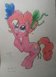 Size: 1836x2520 | Tagged: safe, pinkie pie, butterfly, pony, g4, cute, female, solo, traditional art