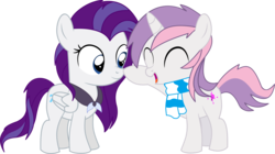 Size: 7640x4276 | Tagged: safe, artist:cyanlightning, rarity, sweetie belle, oc, oc:aureai, oc:cyan lightning, pegasus, pony, unicorn, g4, absurd resolution, clothes, colt, female, filly, male, recolor, scarf, simple background, transparent background, vector