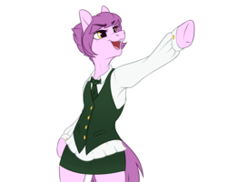 Size: 4000x3200 | Tagged: safe, artist:honiibree, oc, oc only, oc:sweet doots, earth pony, semi-anthro, blouse, clothes, commission, dress shirt, female, lawyer, looking sideways, miniskirt, necktie, objection, open mouth, simple background, skirt, solo, thighs, transparent background, vest