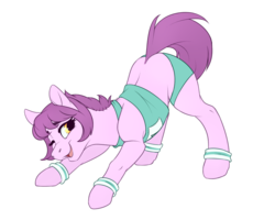 Size: 1280x1024 | Tagged: safe, artist:honiibree, oc, oc only, oc:sweet doots, earth pony, pony, clothes, looking at you, one eye closed, outfit, runner, simple background, smiling, solo, sports, sports bra, sports shorts, stretching, sweatband, tight clothing, transparent background, workout