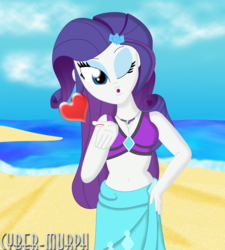 Size: 2576x2864 | Tagged: safe, artist:cyber-murph, rarity, equestria girls, g4, my little pony equestria girls: better together, beach, belly button, bikini, blowing a kiss, breasts, cleavage, clothes, female, hand on hip, heart, high res, jewelry, kissing, midriff, necklace, ocean, one eye closed, rarity's blue sarong, rarity's purple bikini, sarong, signature, solo, swimsuit, wink