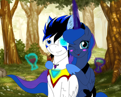 Size: 1174x939 | Tagged: safe, artist:omegathedragon, princess luna, oc, alicorn, pegasus, pony, g4, :p, alcohol, blushing, canon x oc, female, glass, glowing eyes, glowing horn, heterochromia, horn, magic, male, one eye closed, shipping, straight, telekinesis, tongue out, tree, wine, wine glass, wink