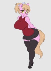 Size: 1950x2700 | Tagged: safe, artist:skecchiart, oc, oc only, oc:reppy, earth pony, anthro, anthro oc, bow, clothes, condom, cute, female, high heels, looking at you, miniskirt, moe, no source available, ocbetes, pleated skirt, ponytail, shoes, skirt, socks, solo, thigh highs, thighs, zettai ryouiki