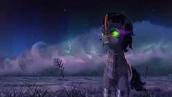 Size: 1920x1080 | Tagged: safe, artist:quvr, king sombra, pony, unicorn, g4, armor, aurora borealis, curved horn, horn, lightning, male, snow, solo, sombra eyes
