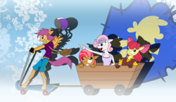 Size: 2678x1549 | Tagged: safe, artist:omegathedragon, apple bloom, babs seed, scootaloo, sweetie belle, anthro, unguligrade anthro, g4, cutie mark crusaders, helmet, scooter, wagon