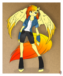 Size: 1270x1537 | Tagged: safe, artist:omegathedragon, oc, oc only, oc:levin fiery, pegasus, anthro, unguligrade anthro, arm hooves, breasts, earbuds, female, smiling, smirk, solo
