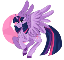 Size: 2668x2512 | Tagged: safe, artist:unicorn-mutual, twilight sparkle, alicorn, pony, g4, chest fluff, curved horn, digital art, female, happy, high res, horn, mare, simple background, smiling, solo, spread wings, transparent background, twilight sparkle (alicorn), wings