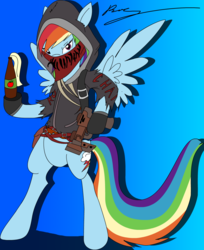 Size: 980x1203 | Tagged: safe, artist:omegathedragon, rainbow dash, pegasus, pony, semi-anthro, g4, bandana, brink, clothes, crossover, female, gradient background, gun, hoodie, mare, molotov cocktail, solo, weapon