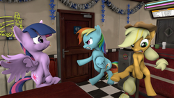 Size: 3840x2160 | Tagged: safe, artist:charlydasher, applejack, rainbow dash, twilight sparkle, alicorn, pony, g4, 3d, angry, bathroom, cafe, covering crotch, desperation, female, gritted teeth, high res, hooves between legs, mare, need to pee, omorashi, potty dance, potty emergency, potty time, source filmmaker, tongue out, trotting in place, twilight sparkle (alicorn)