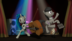 Size: 3840x2160 | Tagged: safe, artist:charlydasher, dj pon-3, octavia melody, vinyl scratch, earth pony, pony, unicorn, 3d, bow, bow (instrument), bowtie, butt, cello, cello bow, competition, easel, electric guitar, eyes on the prize, female, gritted teeth, guitar, lesbian, literal butthurt, mare, musical instrument, octavia is not amused, pain, parody, plot, rear, scratchtavia, shipping, smack, smack dat ass, source filmmaker, spotlight, stage, surprised, this is going to hurt, this will end in pain, unamused