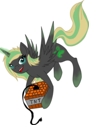Size: 2537x3593 | Tagged: safe, artist:omegathedragon, oc, oc only, alicorn, pony, alicorn oc, explosives, female, flying, high res, mare, minecraft, open mouth, simple background, solo, tnt, transparent background