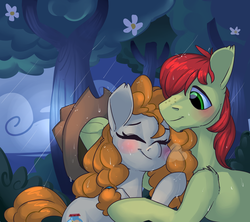 Size: 2250x2000 | Tagged: safe, artist:passigcamel, artist:renokim, bright mac, pear butter, earth pony, pony, g4, the perfect pear, accessory swap, applejack's parents, blushing, cowboy hat, eyes closed, female, hat, high res, hug, male, ship:brightbutter, shipping, stetson, straight, tree, wet