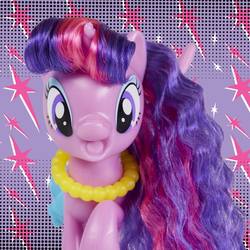 Size: 640x640 | Tagged: safe, twilight sparkle, alicorn, pony, g4, official, alternate hairstyle, female, jewelry, looking at you, mare, necklace, open mouth, pop princess twilight, san diego comic con, sdcc 2018, solo, toy