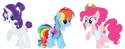 Size: 1024x402 | Tagged: safe, artist:bezziie, pinkie pie, rainbow dash, rarity, pony, g4, alternate universe, clothes, hat, shirt, simple background, transparent background