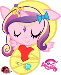 Size: 401x490 | Tagged: safe, princess cadance, alicorn, ladybug, pony, g4, baby, baby blanket, baby cadance, baby pony, bow, bundled in warmth, crown, female, hair bow, happy baby, heart, jewelry, newborn, regalia, safety pin, simple background, sleeping, small wings, smiling, solo, spread wings, swaddled, transparent background, wings, wrapped snugly
