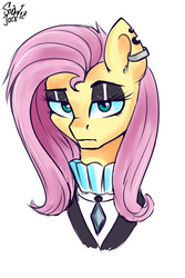 Size: 1181x1772 | Tagged: safe, artist:php97, fluttershy, pony, fake it 'til you make it, g4, bust, clothes, ear piercing, female, fluttergoth, lidded eyes, looking at you, mare, piercing, portrait, simple background, solo, white background