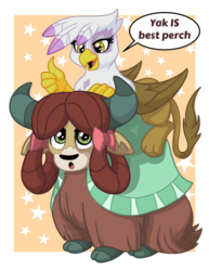 Size: 989x1280 | Tagged: safe, artist:latecustomer, gilda, yona, griffon, yak, g4, bow, cloven hooves, commission, cute, duo, female, gildadorable, hair bow, monkey swings, perch, simple background, speech, speech bubble, thumbs up, transparent background, yonadorable