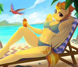 Size: 2922x2524 | Tagged: safe, artist:fensu-san, spitfire, bird, macaw, parrot, pegasus, anthro, unguligrade anthro, g4, adorasexy, armpits, beach, bikini, breasts, cleavage, clothes, cute, cutefire, digital art, female, high res, looking at you, mare, palm tree, raised eyebrow, reasonably sized breasts, sexy, solo, stupid sexy spitfire, swimsuit, tree