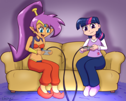 Size: 1000x800 | Tagged: safe, artist:empyu, twilight sparkle, genie, human, g4, bra, clothes, controller, couch, crossover, digital art, duo, female, humanized, pants, playing, request, requested art, shantae, shantae (character), shoes, signature, sitting