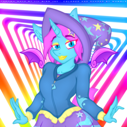 Size: 4000x4000 | Tagged: safe, artist:lil miss jay, artist:wumbl3, derpibooru exclusive, oc, oc only, oc:chroma wave, alicorn, bat pony, bat pony alicorn, anthro, alicorn oc, arm warmers, bat pony oc, clothes, collaboration, crossdressing, crossplay, ear fluff, eyeshadow, femboy, floating wings, hat, lip bite, lip piercing, lipstick, looking at you, makeup, male, piercing, raised eyebrow, short tail, solo, trixie's hat