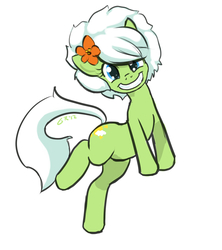 Size: 982x1107 | Tagged: safe, artist:moronsonofboron, oc, oc only, oc:sunny nebels, earth pony, pony, female, flower, flower in hair, looking at you, mare, simple background, smiling, solo, standing, standing on one leg