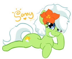 Size: 770x636 | Tagged: safe, artist:moronsonofboron, oc, oc only, oc:sunny nebels, pony, flower, flower in hair, looking at you, simple background, smiling, solo