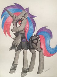 Size: 1024x1365 | Tagged: safe, artist:luxiwind, oc, oc only, oc:sirin, pony, unicorn, clothes, female, jacket, leather jacket, mare, solo, traditional art