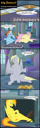 Size: 1700x5325 | Tagged: safe, artist:mighty-muffins, derpy hooves, fluttershy, rainbow dash, spitfire, pegasus, pony, comic:toxic-mario's derpfire shipwreck, g4, anatomically incorrect, board game, comic, couch, dialogue, female, fireplace, food, incorrect leg anatomy, joke, log, mantle, monopoly, muffin, spitfire's hair is fire, table