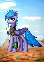 Size: 2500x3500 | Tagged: safe, artist:xeniusfms, oc, oc only, oc:star beacon, pegasus, pony, fallout equestria, battle saddle, clothes, energy weapon, female, gun, high res, hooves, laser rifle, magical energy weapon, mare, pipbuck, rifle, solo, wasteland, weapon, wings