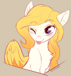 Size: 1024x1086 | Tagged: safe, artist:stepandy, oc, oc only, oc:arvensis, pegasus, pony, blushing, chest fluff, female, mare, one eye closed, solo, tongue out