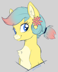 Size: 1024x1270 | Tagged: safe, artist:stepandy, oc, oc only, oc:spongy spong, bust, chest fluff, ear fluff, flower, flower in hair, gray background, simple background, smiling, solo