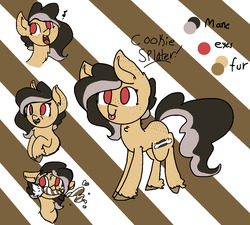 Size: 1142x1028 | Tagged: safe, artist:nootaz, oc, oc only, oc:cookie splatter, earth pony, pony, abstract background, freckles, mouth hold, music notes, reference sheet, unshorn fetlocks