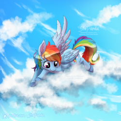 Size: 1024x1024 | Tagged: safe, artist:stepandy, rainbow dash, pegasus, pony, g4, cloud, cute, dashabetes, feathered fetlocks, female, looking down, mare, patreon, patreon logo, prone, sky, smiling, solo, unshorn fetlocks