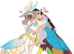 Size: 1024x753 | Tagged: safe, artist:stepandy, discord, princess celestia, alicorn, draconequus, pony, g4, colored sketch, crown, female, hug, jewelry, male, mare, necklace, regalia, ship:dislestia, shipping, simple background, straight, transparent background