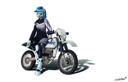 Size: 2000x1284 | Tagged: safe, artist:sa1ntmax, oc, oc only, oc:truxy, earth pony, anthro, unguligrade anthro, blue mane, female, heterochromia, honda xlr 250r, motocross outfit, motorcross, motorcycle, outfit, simple background, solo, white background