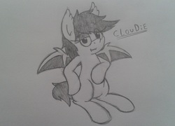 Size: 2132x1536 | Tagged: safe, artist:chromchill12, oc, oc only, oc:cloudie, bat pony, pony, bat pony oc, monochrome, pencil drawing, sitting, solo, spread wings, traditional art, wings