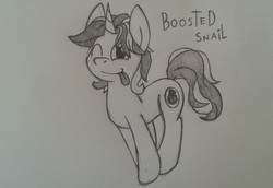 Size: 2232x1536 | Tagged: safe, artist:chromchill12, oc, oc only, oc:boosted snail, pony, unicorn, male, monochrome, one eye closed, pencil drawing, pronking, simple background, solo, tongue out, traditional art