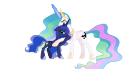 Size: 1920x1080 | Tagged: safe, edit, edited screencap, editor:childofthenight, screencap, princess celestia, princess luna, alicorn, pony, a royal problem, g4, background removed, duo, ethereal mane, female, glowing horn, horn, hug, looking at you, magic, magic aura, mare, royal sisters, simple background, transparent background