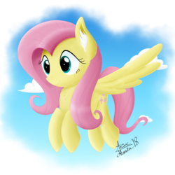 Size: 3250x3250 | Tagged: safe, artist:arcane-thunder, fluttershy, pegasus, pony, g4, chest fluff, cloud, digital art, ear fluff, female, flying, high res, mare, signature, sky, smiling, solo, spread wings, wings