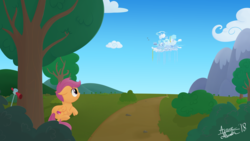 Size: 4000x2250 | Tagged: safe, artist:arcane-thunder, scootaloo, pegasus, pony, g4, cloudsdale, cute, daaaaaaaaaaaw, female, filly, high res, looking up, scootaloo can't fly, scooter, signature, solo, tree