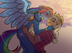 Size: 2732x2048 | Tagged: safe, artist:percy-mcmurphy, applejack, rainbow dash, anthro, g4, blushing, clothes, cowboy hat, crying, eyes closed, female, flannel, hat, high res, lesbian, medal, open mouth, ship:appledash, shipping, smiling, stetson, tears of joy, uniform, wonderbolts uniform