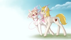 Size: 1920x1080 | Tagged: safe, artist:striped-chocolate, oc, oc only, oc:wave, oc:white mouse, bat pony, pony, unicorn, rcf community, bat pony oc, cute, heart, heart eyes, red thread, shipping, transparent wings, wingding eyes
