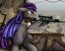 Size: 3030x2400 | Tagged: safe, artist:pridark, oc, oc only, bat pony, pony, anti-materiel rifle, bandage, bat pony oc, bat wings, commission, cutie mark, female, gun, high res, hooves, mare, optical sight, red eyes, rifle, sniper, sniper rifle, solo, wasteland, weapon, wings