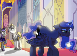 Size: 1024x753 | Tagged: safe, artist:lostinthetrees, princess luna, bat pony, pony, unicorn, armor, coffee, female, glowing horn, guardsmare, magic, male, mare, missing accessory, night guard, royal guard, spear, stallion, telekinesis, the ass was fat, trio, weapon