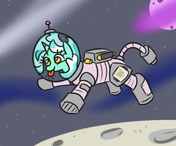 Size: 797x662 | Tagged: safe, artist:jargon scott, lyra heartstrings, pony, unicorn, g4, :p, astronaut, crater, cutie mark, cutie mark clothing, cutie mark on clothes, female, floating, horn, mare, moon, multicolored hair, planet, raspberry, science fiction, solo, space, spacesuit, tongue out