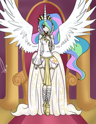 Size: 638x825 | Tagged: safe, artist:neferity, princess celestia, alicorn, human, g4, clothes, crown, dress, female, horn, horned humanization, humanized, jewelry, regalia, solo, spread wings, throne, winged humanization, wings