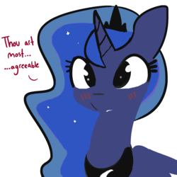 Size: 1650x1650 | Tagged: safe, artist:tjpones edits, color edit, edit, editor:childofthenight, princess luna, alicorn, pony, g4, blushing, colored, compliment, cute, dialogue, eyelashes, female, horn, jewelry, lunabetes, mare, simple background, solo, tiara