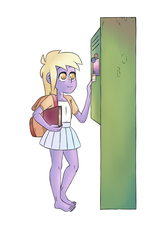 Size: 1000x1500 | Tagged: safe, artist:yokappa69, dinky hooves, equestria girls, g4, backpack, barefoot, barefooting, book, clothes, cute, dinkabetes, equestria girls-ified, explicit source, feet, legs, lockers, pleated skirt, schoolgirl, skirt, toenails