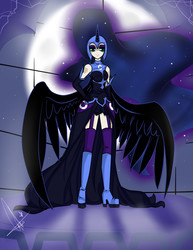 Size: 638x825 | Tagged: safe, artist:neferity, nightmare moon, alicorn, human, g4, castle of the royal pony sisters, clothes, dress, female, garter belt, horn, horned humanization, humanized, moon, night, socks, solo, thigh highs, winged humanization, wings
